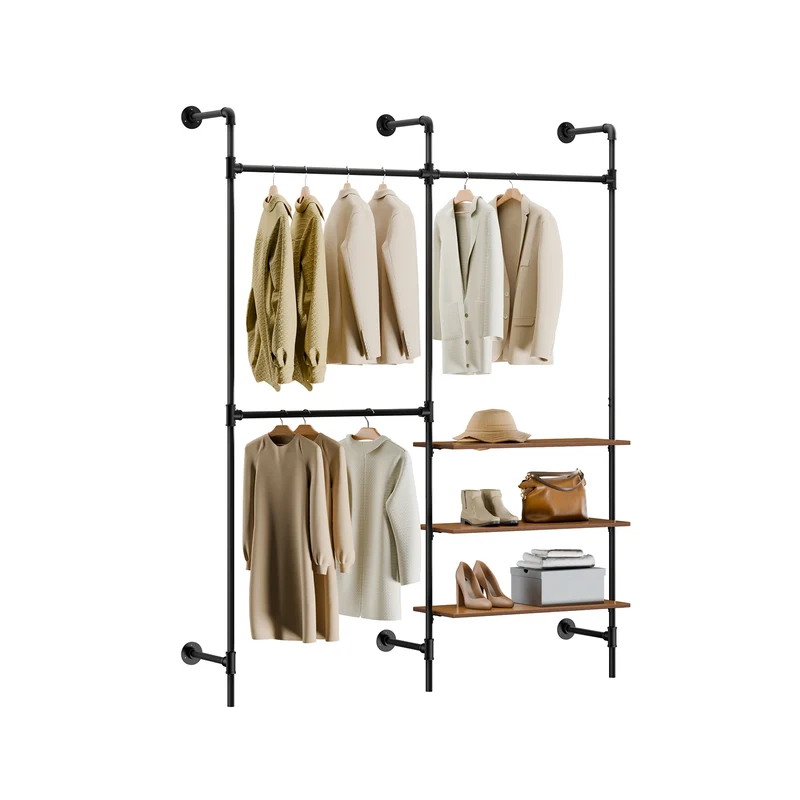 SoBuy KLS18-SCH Portant à Vêtements Mural Industriel – 3 Tringles, 3 Étagères, 220 cm, Noir