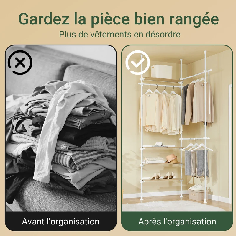 SoBuy KLS17-WN Portant à vêtements télescopique avec 3 tringles et 4 étagères – Blanc / Bois naturel