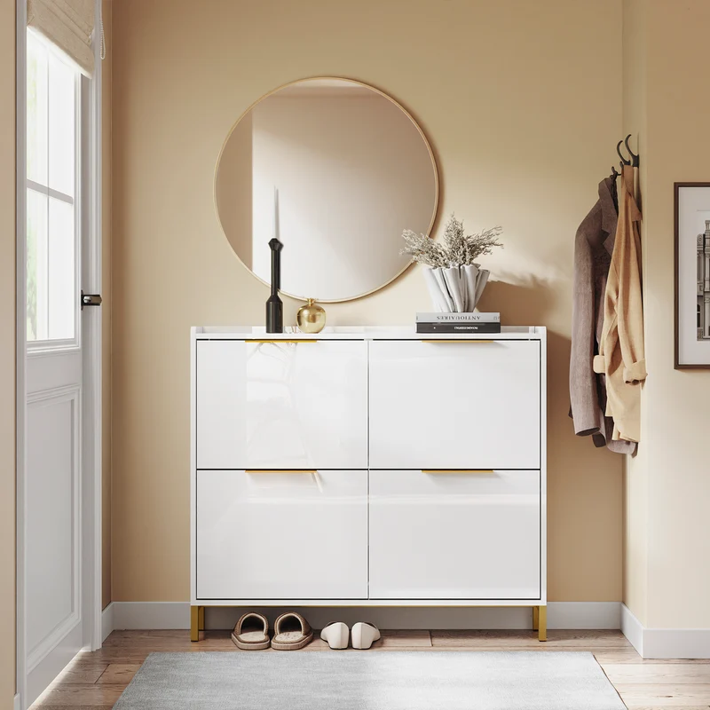 SoBuy FSR206-GW Armoire à Chaussures Ultra-Slim 19 cm pour 16-20 Paires, Finition Blanc Brillant et Or – Anti-Basculement, MDF E1, 100x19x90 cm