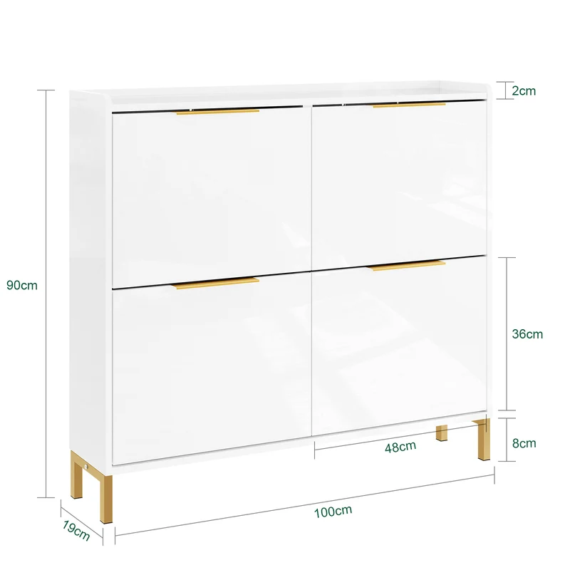 SoBuy FSR206-GW Armoire à Chaussures Ultra-Slim 19 cm pour 16-20 Paires, Finition Blanc Brillant et Or – Anti-Basculement, MDF E1, 100x19x90 cm