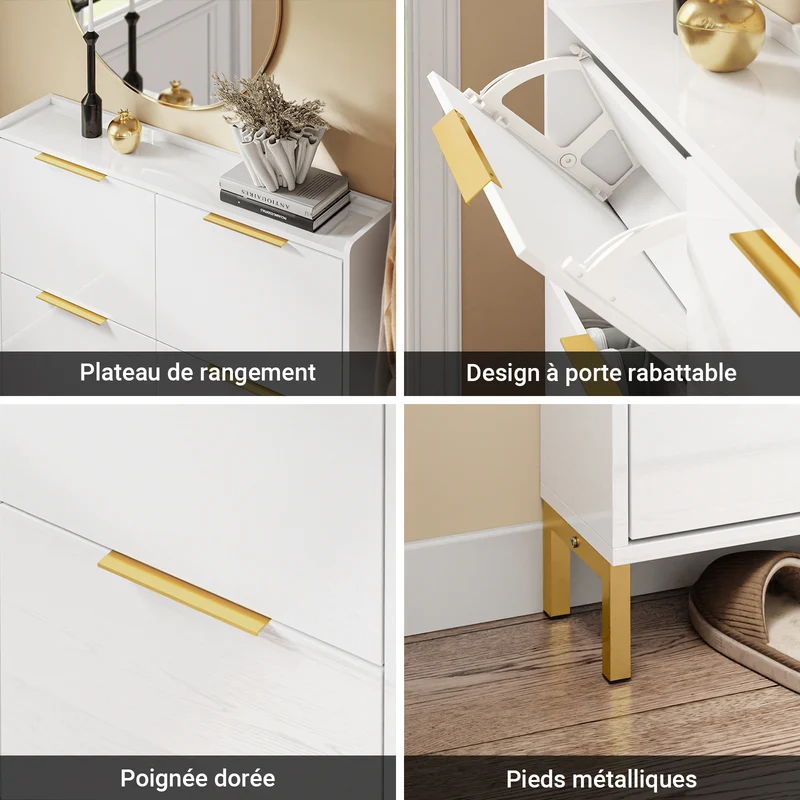 SoBuy FSR206-GW Armoire à Chaussures Ultra-Slim 19 cm pour 16-20 Paires, Finition Blanc Brillant et Or – Anti-Basculement, MDF E1, 100x19x90 cm