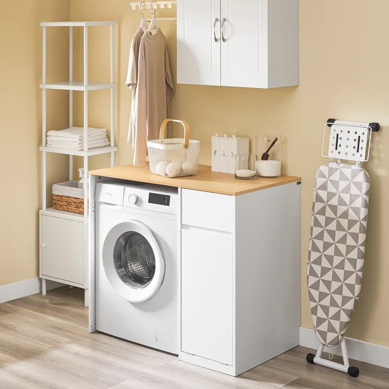 SoBuy BZR217-WN Meuble Salle de Bain avec Panier à Linge, Tiroir, pour Salle de Bain et WC, Rangement Optimisé, Usage Quotidien – L100×P60×H90 cm, Bois, Blanc