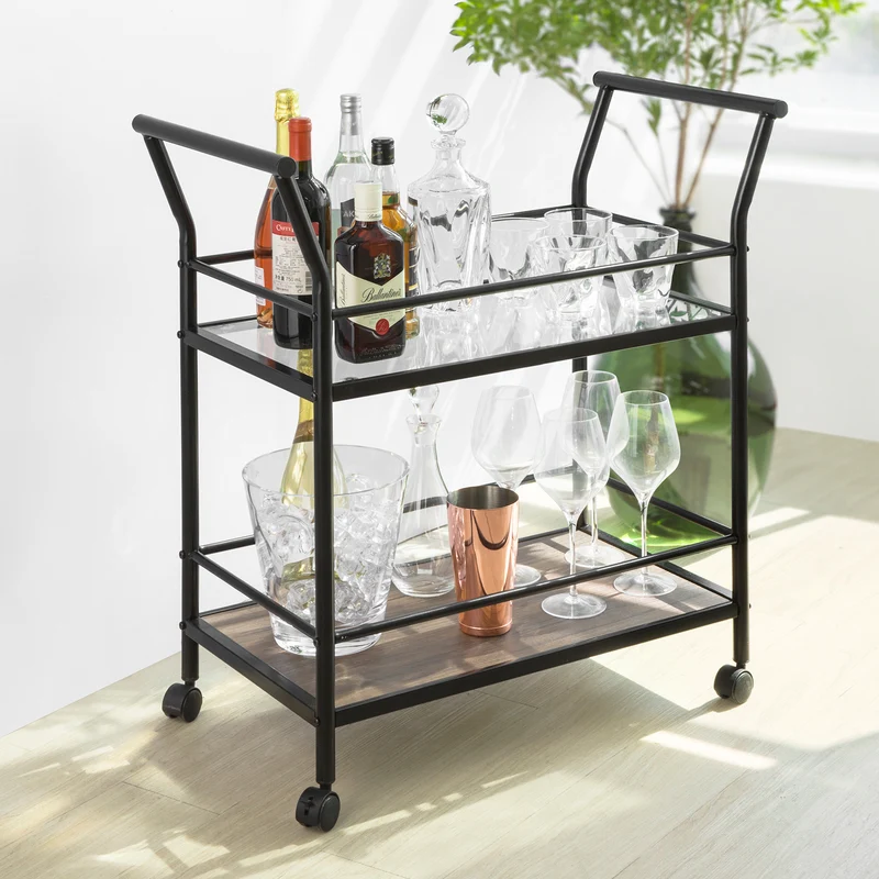 SoBuy SVW03-Sch Chariot de Bar avec Poignée et 2 étagères Structure en Métal et Dessus en Verre