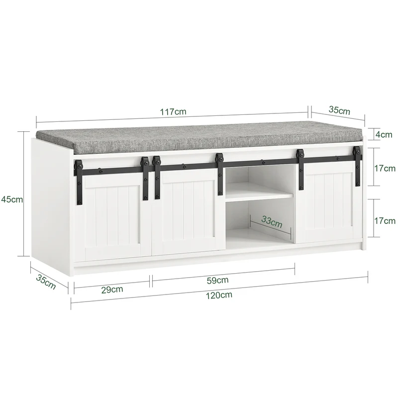 SoBuy FSR133-W Banc à Chaussures avec Porte de Grange Coulissante et 6 Compartiments pour Entrée – 120x35x45 cm, Blanc