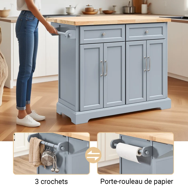 SoBuy FKW71-II-HG Ìlot Cuisine Mobile avec Plan Extensible – Gain de Place, Gris
