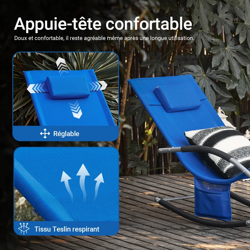 SoBuy OGS28-KB Chaise Longue Transat de Jardin Bascule avec Appui-tête Réglable et Pochette latérale