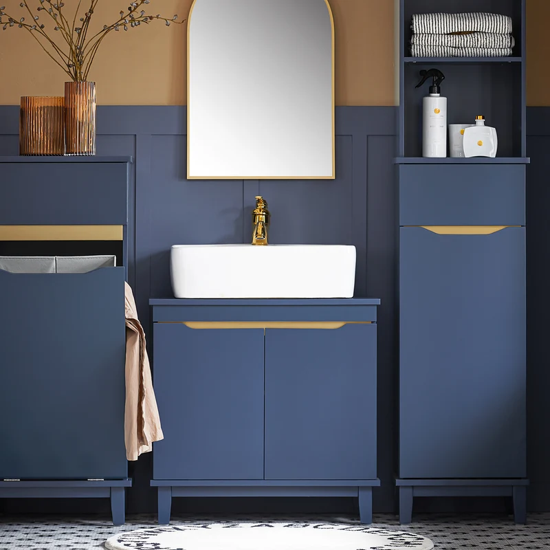 SoBuy BZR113-B Meuble sous-Lavabo Bleu Foncé 60 cm avec 2 Portes, Cloison et Pieds en Pin – Profondeur 30 cm, MDF E1, Charge 30 kg