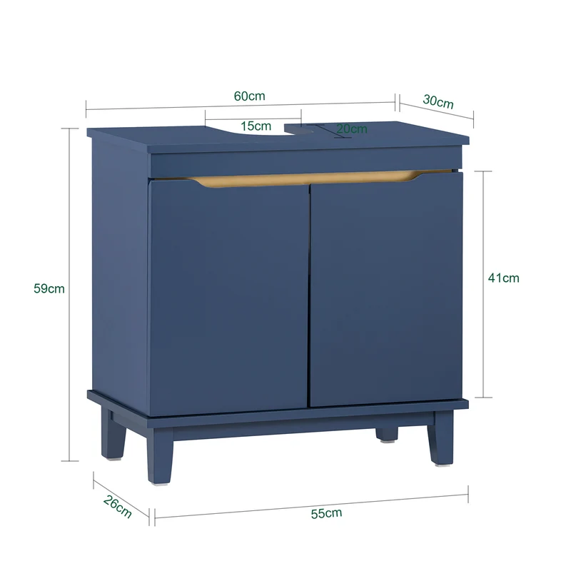 SoBuy BZR113-B Meuble sous-Lavabo Bleu Foncé 60 cm avec 2 Portes, Cloison et Pieds en Pin – Profondeur 30 cm, MDF E1, Charge 30 kg