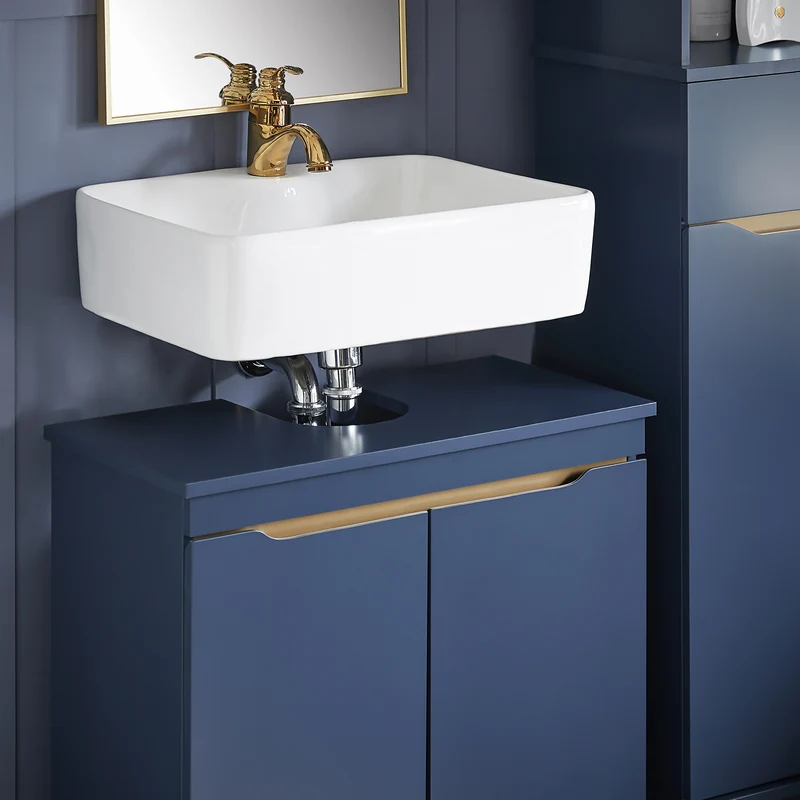 SoBuy BZR113-B Meuble sous-Lavabo Bleu Foncé 60 cm avec 2 Portes, Cloison et Pieds en Pin – Profondeur 30 cm, MDF E1, Charge 30 kg