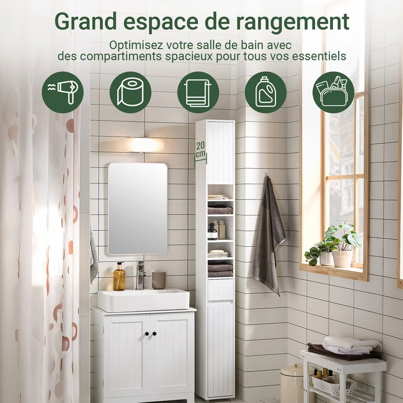 SoBuy BZR160-W Colonne Salle de Bain 20x180x20 cm, Petit Meuble Rangement WC, Meuble Salle de Bain avec Portes, Tiroir, Étagères, Armoire Haute Gain de Place