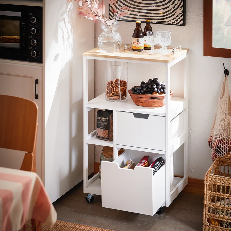 SoBuy FKW111-WN Desserte cuisine à roulettes 53 cm avec plan en bois, tiroir et étagères – Ìlot mobile gain de place blanc naturel