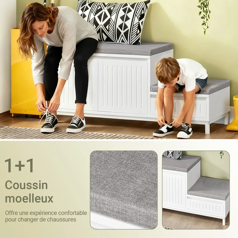SoBuy FSR172-W Banc à Chaussures pour Enfants avec 2 Coussins Rembourrés, 2 Portes et 1 Tiroir, Charge 181 kg pour Entrée – 100x35x42 cm, Blanc