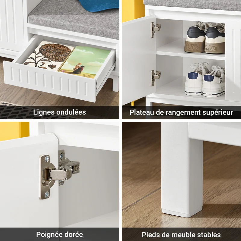 SoBuy FSR172-W Banc à Chaussures pour Enfants avec 2 Coussins Rembourrés, 2 Portes et 1 Tiroir, Charge 181 kg pour Entrée – 100x35x42 cm, Blanc