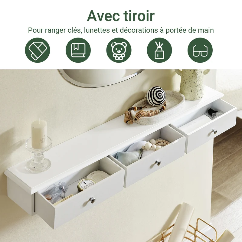 SoBuy FRG43-L-W Etagere Murale avec 3 Tiroirs - Étagère Flottante Moderne pour Entrée, Salon, Cuisine & Chambre - Blanc 94x15x10cm