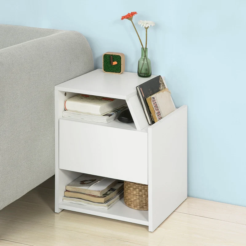 SoBuy FRG261-W Table de Chevet Table d'Appoint Bout de Canapé avec 1 Tiroir 2 Niches
