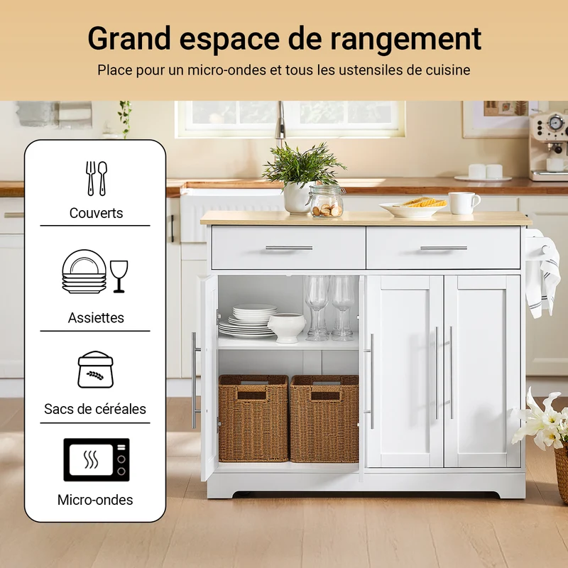 SoBuy FKW129-WN îlot Central de Cuisine sur Roulettes – Plan Extensible 44→69 cm, 2 Tiroirs, 2 Portes, Étagères Réglables – 113×91 cm, Blanc