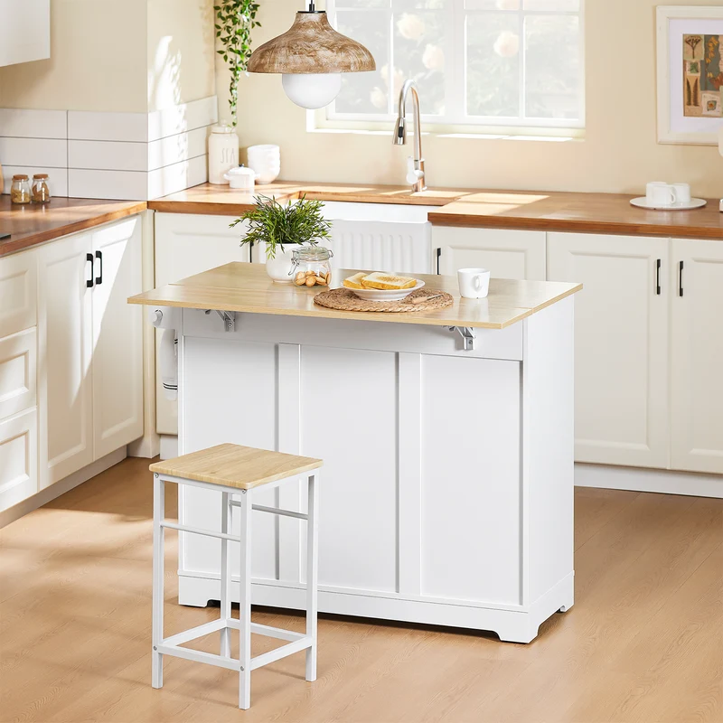 SoBuy FKW129-WN îlot Central de Cuisine sur Roulettes – Plan Extensible 44→69 cm, 2 Tiroirs, 2 Portes, Étagères Réglables – 113×91 cm, Blanc