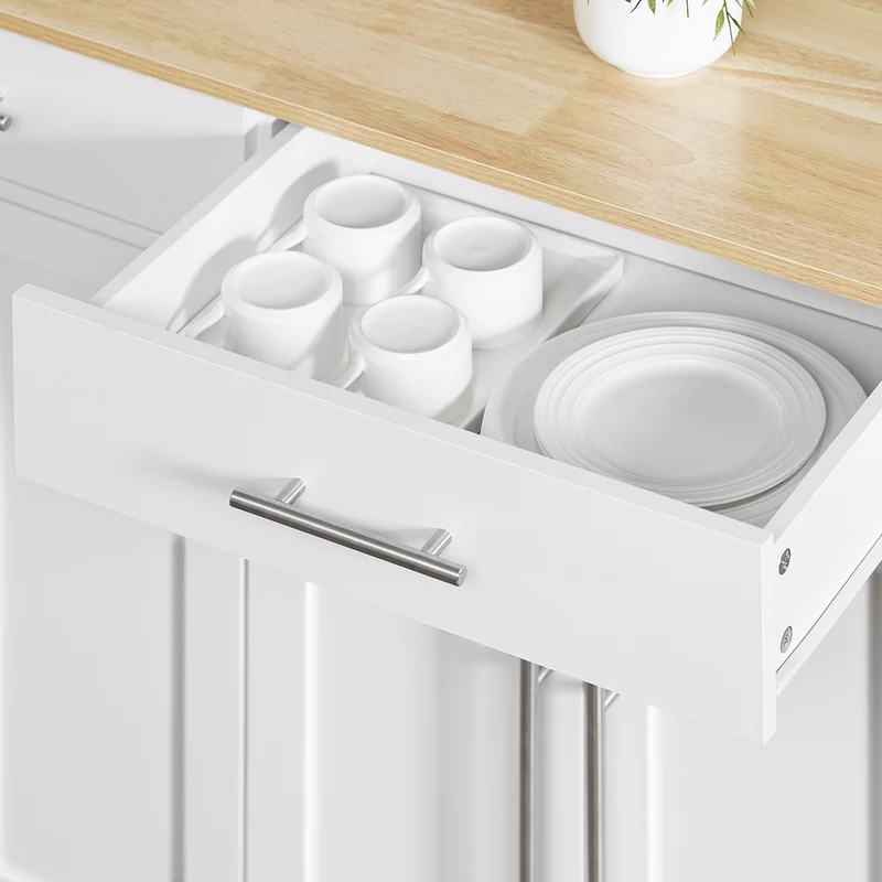 SoBuy FKW129-WN îlot Central de Cuisine sur Roulettes – Plan Extensible 44→69 cm, 2 Tiroirs, 2 Portes, Étagères Réglables – 113×91 cm, Blanc