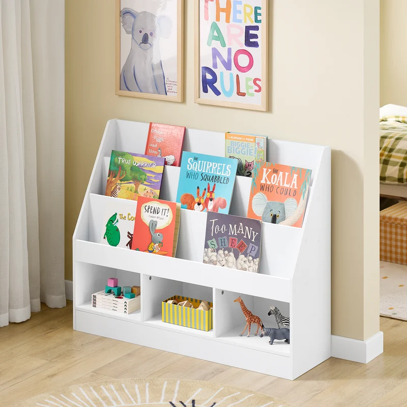 SoBuy KMB118-W Bibliothèque Enfant avec Étagère Supérieure et 3 Compartiments, Coins Arrondis et Dispositif Anti-Basculement – L100×P30×H80 cm, PB E1, Blanc
