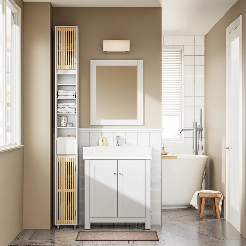 SoBuy BZR34-BW Colonne Bambou Style Naturel – Meuble WC Étroit 20 cm, Ventilé, Blanc
