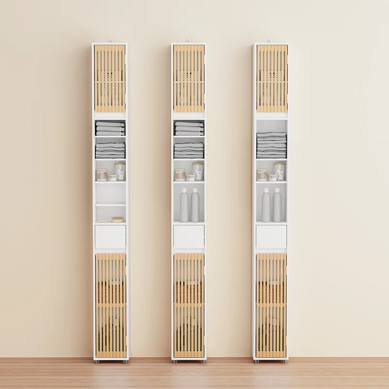 SoBuy BZR34-BW Colonne Bambou Style Naturel – Meuble WC Étroit 20 cm, Ventilé, Blanc