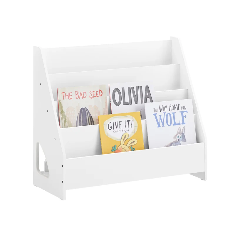 SoBuy KMB32-K-W Bibliothèque Enfant Montessori avec 4 Niveaux, Coins Arrondis et Dispositif Anti-Basculement – L70×P30×H60 cm, PB E1, Blanc