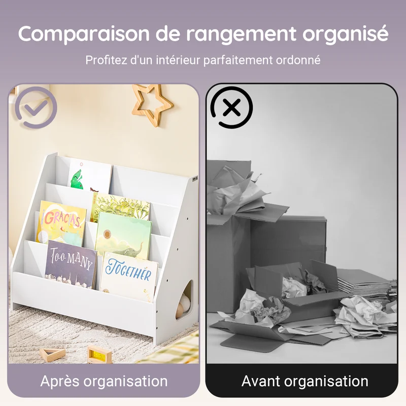 SoBuy KMB32-K-W Bibliothèque Enfant Montessori avec 4 Niveaux, Coins Arrondis et Dispositif Anti-Basculement – L70×P30×H60 cm, PB E1, Blanc