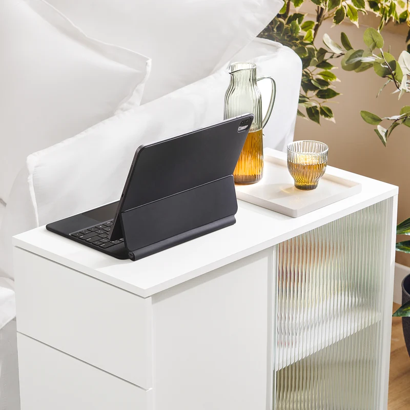 SoBuy FBT141-W Bout de Canapé, Table d'appoint Roulante, Table Basse, Table à Café avec 3 Tiroir, pour Salon, Bureau, Chambre