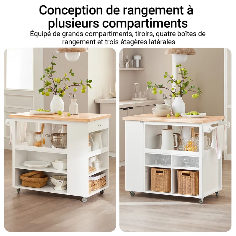 SoBuy FKW97-WN Desserte Cuisine avec Roulettes, Usage Polyvalent, Mobile, pour Cuisine et Salle à Manger, Rangement Optimisé – L108×P60×H90 cm, Blanc et Naturel