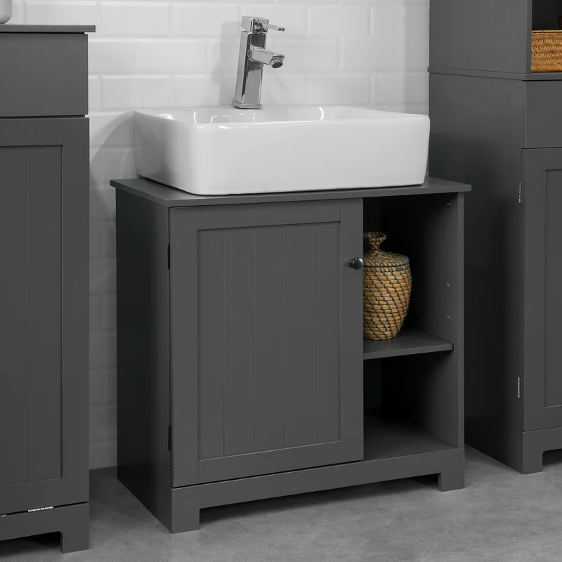 SoBuy BZR38-DG Meuble sous-Lavabo Dessous de Lavabo ou Evier Meuble de Salle de Bain Vasque à 1 Porte et 2 Étagères