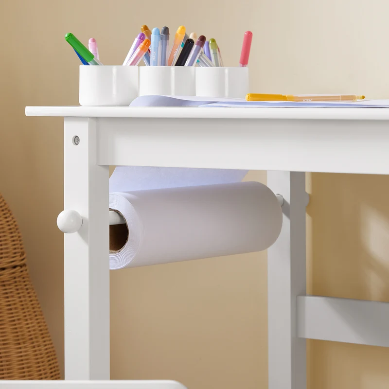 SoBuy KMB60-W Table Enfant avec Chaise Ensemble 2 Pièces Table et Chaise pour Enfant Bureau avec 2 Étagères Porte-Papier et Rangements Stylos Blanc 80x54x65