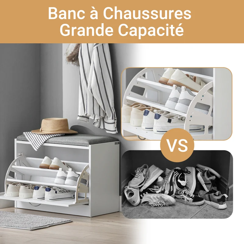 SoBuy FSR16-HG Banc à Chaussures avec 1 Abattant et Coussin Rembourré, Coffre de Rangement pour Entrée – 60x30x46 cm, Gris