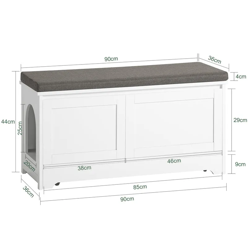 SoBuy FSR136-W Banc à Chaussures avec Coussin Rembourré, 2 Portes et Maison pour Chat Intégrée pour Entrée – 90x36x44 cm, Blanc