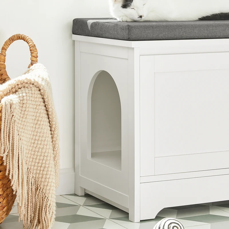 SoBuy FSR136-W Banc à Chaussures avec Coussin Rembourré, 2 Portes et Maison pour Chat Intégrée pour Entrée – 90x36x44 cm, Blanc