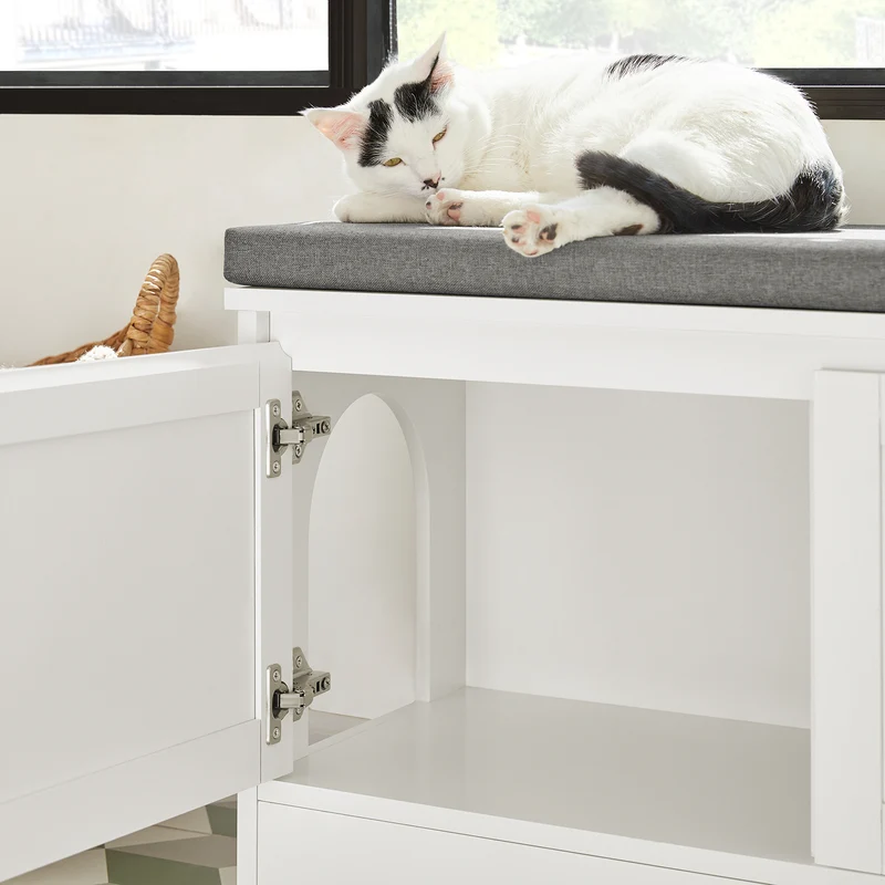 SoBuy FSR136-W Banc à Chaussures avec Coussin Rembourré, 2 Portes et Maison pour Chat Intégrée pour Entrée – 90x36x44 cm, Blanc