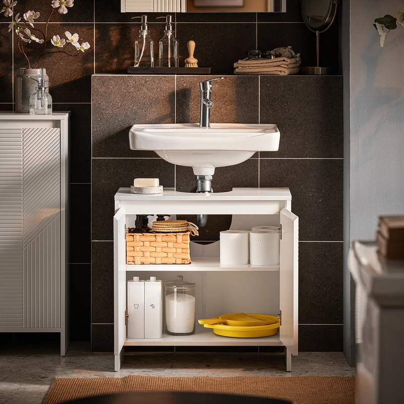 SoBuy BZR157-W Meuble sous Lavabo avec Étagères Ajustables, Résistant à l’Humidité, pour Salle de Bain et WC, Rangement Optimisé – L60×P30×H61 cm, MDF, Blanc