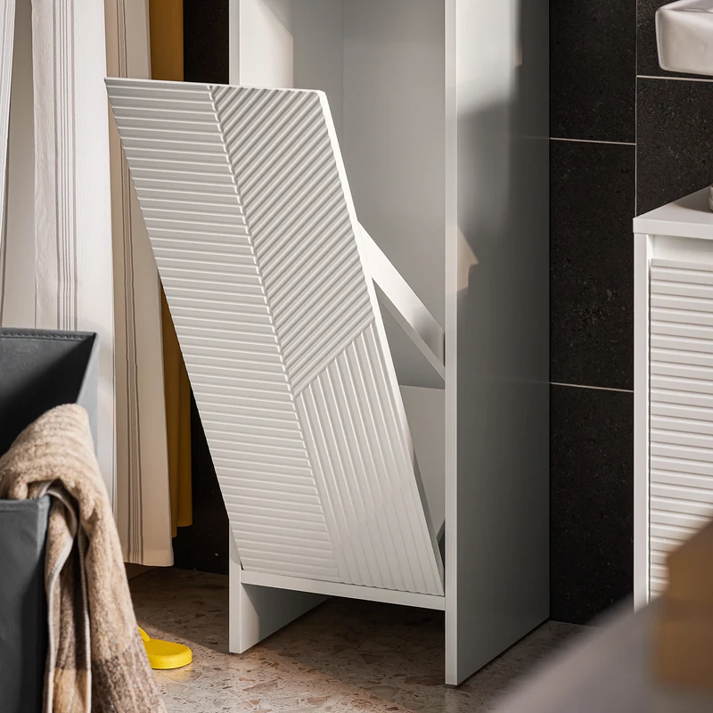 SoBuy BZR154-W Petit Meuble Salle de Bain avec Panier à Linge – Meuble WC Rangement 30x30x87 cm avec Porte Abattante, Design Moderne Blanc, Idéal pour Buanderie