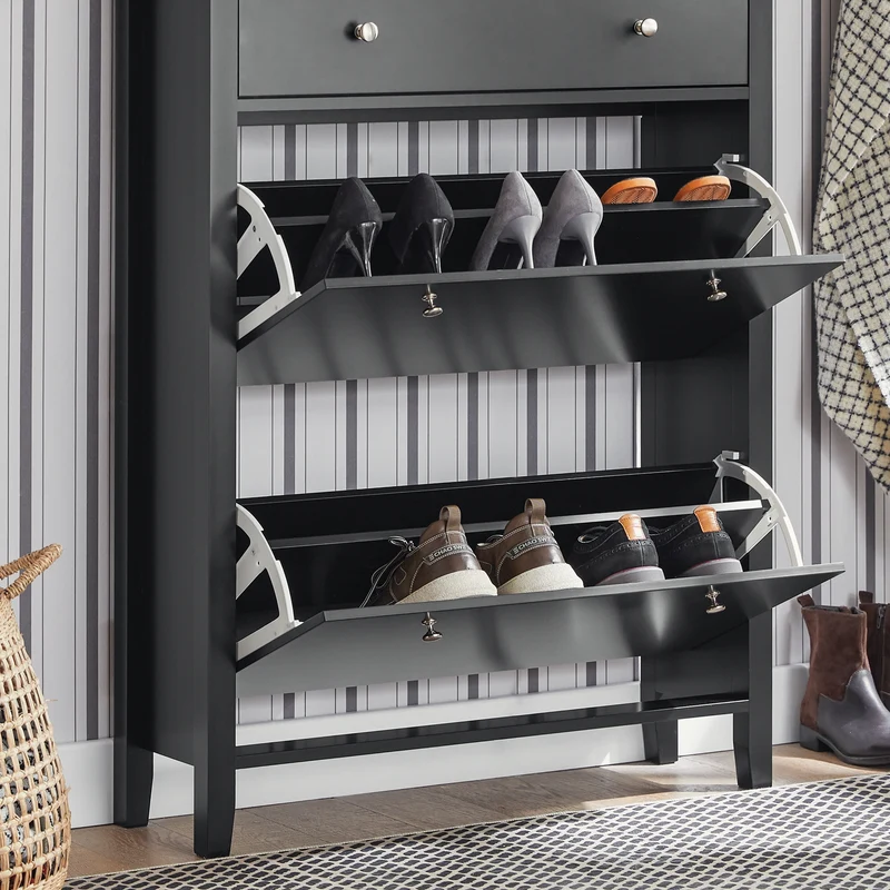 SoBuy FSR89-SCH Armoire à Chaussures 2 Abattants et Grand Tiroir, Rangement 12 Paires pour Entrée Couloir – 80x25x108 cm, Noir
