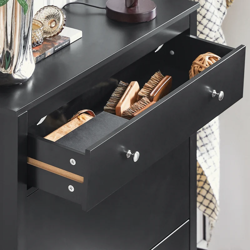 SoBuy FSR89-SCH Armoire à Chaussures 2 Abattants et Grand Tiroir, Rangement 12 Paires pour Entrée Couloir – 80x25x108 cm, Noir