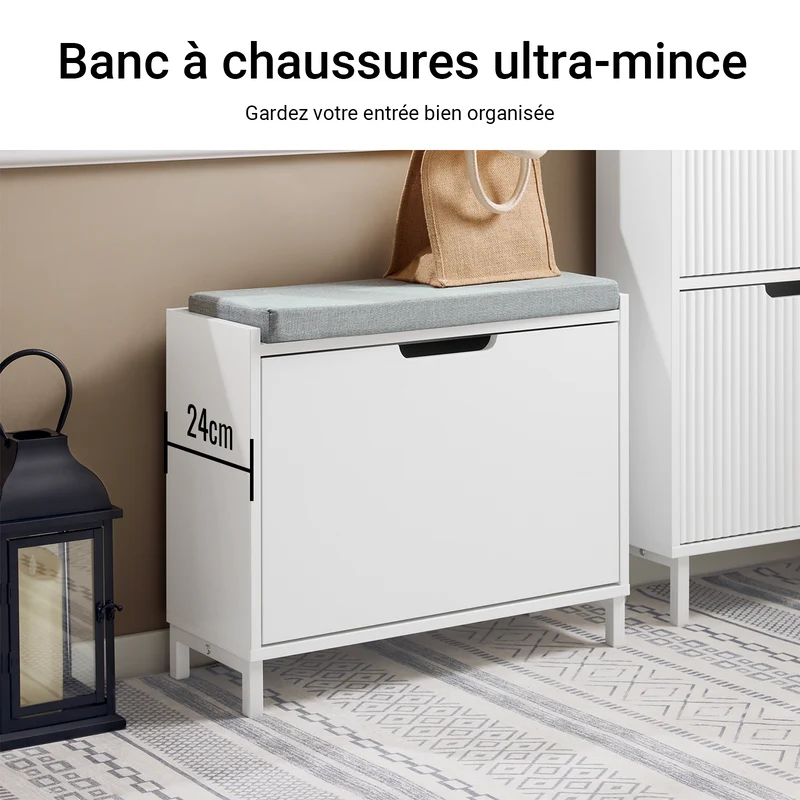 SoBuy FSR151-K-W Banc à Chaussures avec Coussin Rembourré et 1 Abattant, Slim 24cm pour Entrée – 60x24x52 cm, Blanc