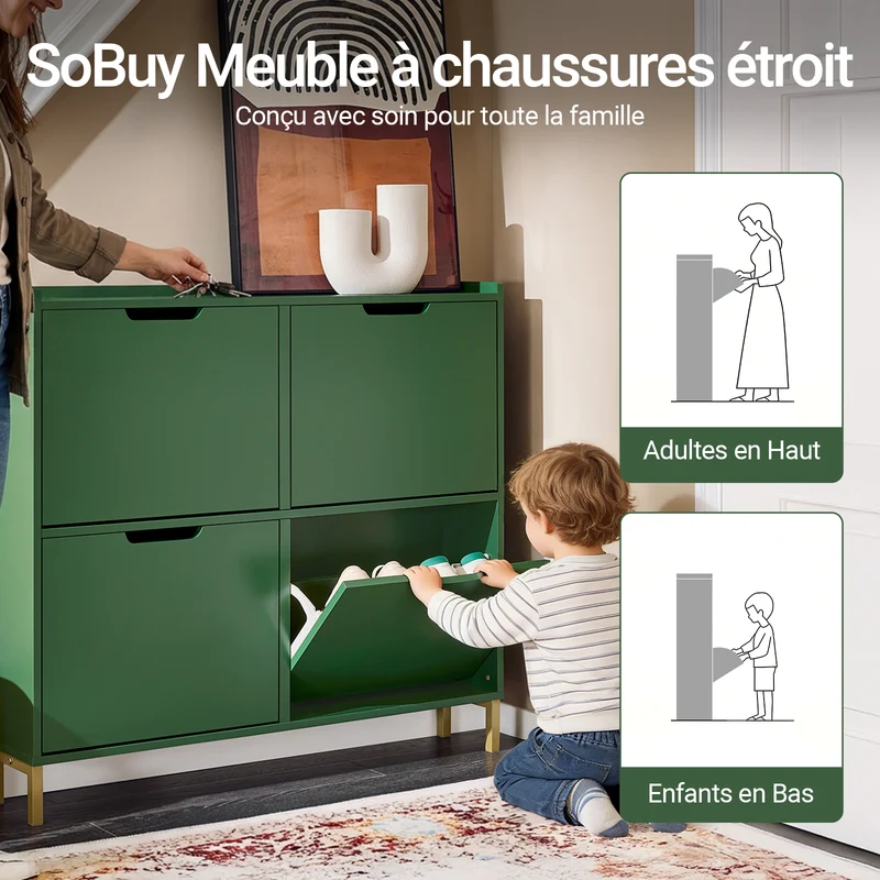 SoBuy FSR100-SY Meuble à Chaussures Ultra-Slim 19 cm Faible Profondeur – 4 Abattants, 8 Paires – Vert Sauge