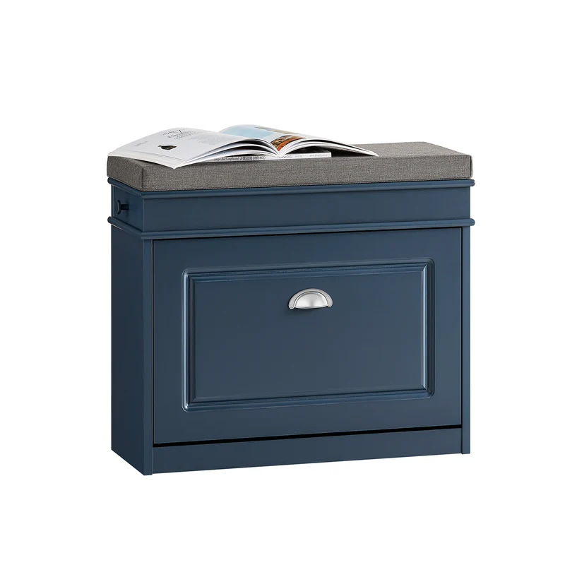 SoBuy FSR82-K-B Banc à Chaussures avec Coussin Rembourré, 1 Abattant, Tiroir et Crochet, Slim 24cm – 60x24x52 cm, Bleu