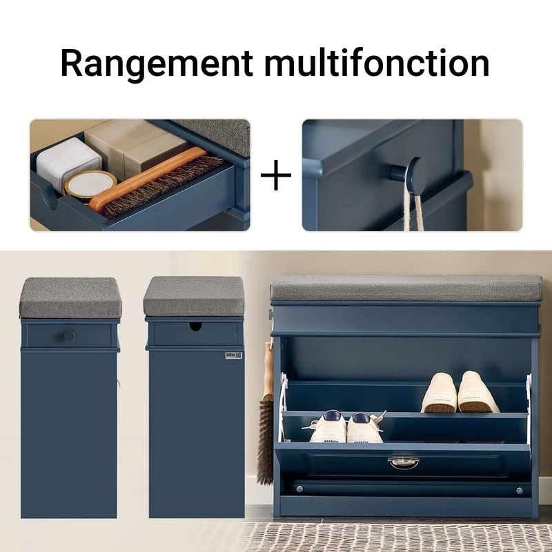 SoBuy FSR82-K-B Banc à Chaussures avec Coussin Rembourré, 1 Abattant, Tiroir et Crochet, Slim 24cm – 60x24x52 cm, Bleu