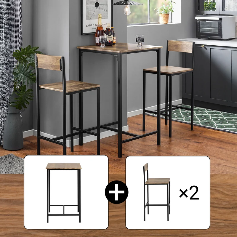 SoBuy OGT27-N Ensemble Table Haute avec 1 Table et 2 Tabourets, Format Gain de Place, pour Cuisine et Salle à Manger, Design Fonctionnel – MDF + Métal, Naturel