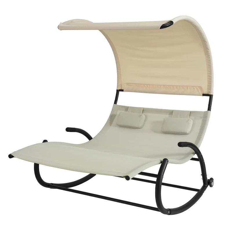 SoBuy OGS50-MI Double Chaise Longue, Transat à Bascule 2 Places, avec Toit Pare-soleil, Dossier et Coussin