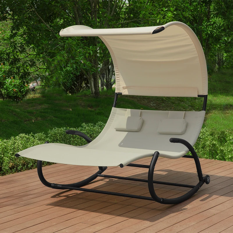 SoBuy OGS50-MI Double Chaise Longue, Transat à Bascule 2 Places, avec Toit Pare-soleil, Dossier et Coussin