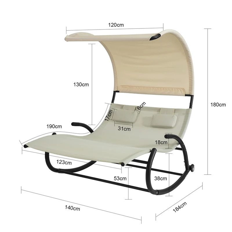 SoBuy OGS50-MI Double Chaise Longue, Transat à Bascule 2 Places, avec Toit Pare-soleil, Dossier et Coussin