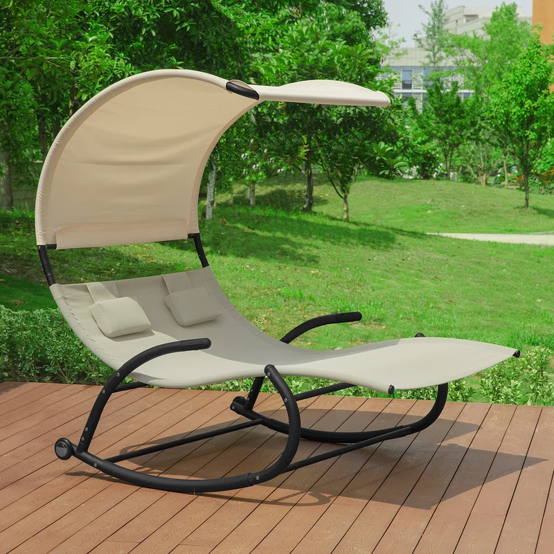 SoBuy OGS50-MI Double Chaise Longue, Transat à Bascule 2 Places, avec Toit Pare-soleil, Dossier et Coussin