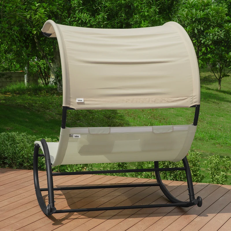 SoBuy OGS50-MI Double Chaise Longue, Transat à Bascule 2 Places, avec Toit Pare-soleil, Dossier et Coussin