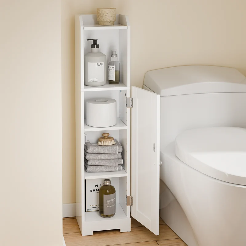 SoBuy FRG177-II-W Meuble Salle de Bain 20 cm de Largeur sur Pied avec Support Papier et Porte - Petit Meuble WC Rangement Gain de Place Blanc